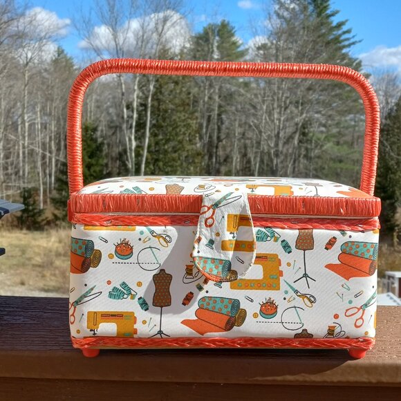 Fabric Covered Sewing Storage Box with Handle Resembles Singer - Picture 1 of 11